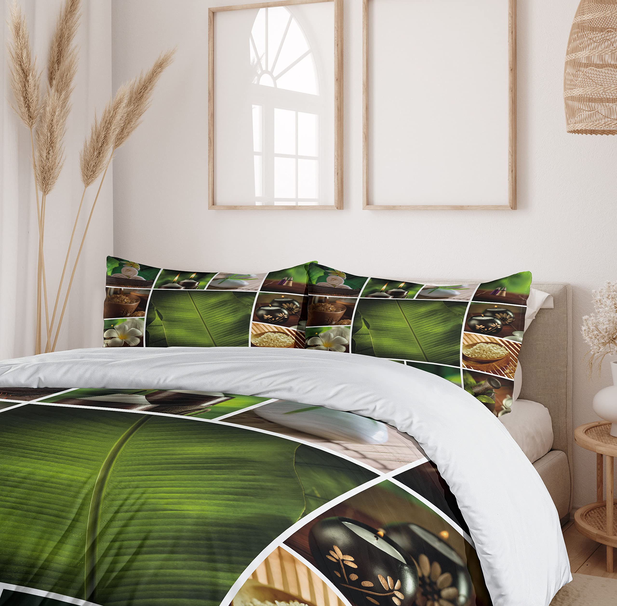 Ambesonne Spa Duvet Cover Set King Size - Botanical Plants & Relaxing Spa Elements Design with 2 Pillow Shams, 3-Piece Bedding Set in Green White & Brown - Perfect for Master Bedrooms, Guest Rooms & Spa Retreats