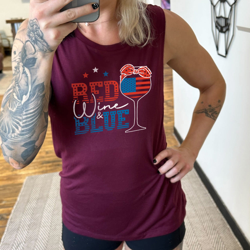 Red Wine & Blue Muscle Tank Top for Women - Comfortable Sleeveless Workout Shirt for Gym, Running & Yoga