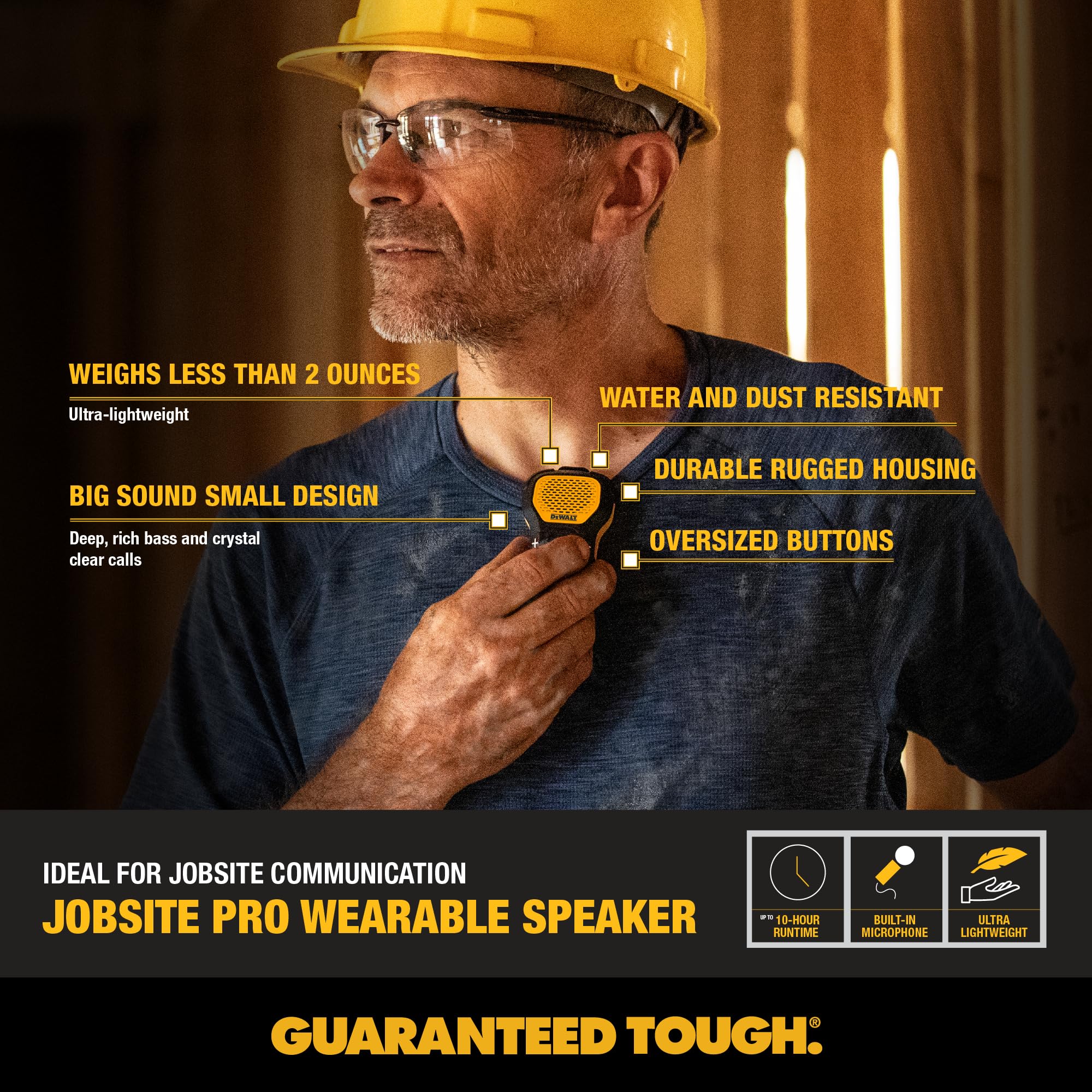DEWALT Wearable Bluetooth Speaker with Portable Power Bank & 4-in-1 Charging Cable - Perfect for Construction Sites, Outdoor Work, and Hands-Free Music Streaming