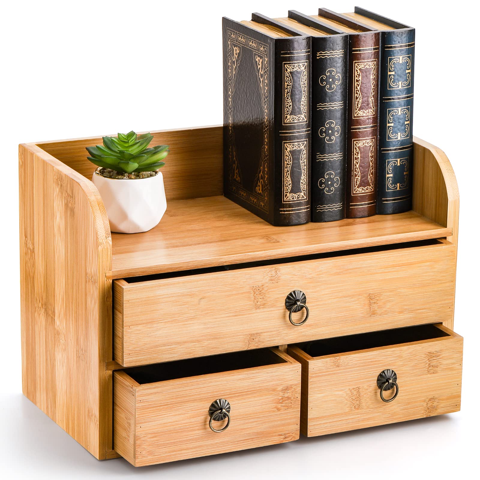 Nicunom 3-Tier Bamboo Desk Organizer with Drawers - Multifunctional Tabletop Storage for Office, Home & Vanity - Perfect for Organizing Stationery, Toiletries & Beauty Supplies (Home Office & Bathroom Organization)