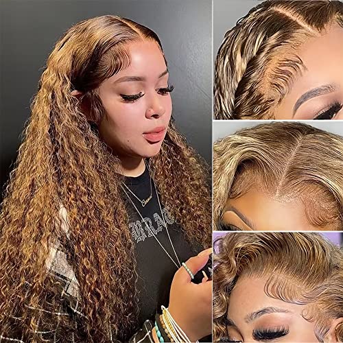 13x4 Ombre Curly Lace Front Wig Human Hair - Free Part Pre Plucked with Baby Hair | 150% Density Deep Wave | Blonde to Brown Highlights | 14 Inch | Perfect for Cosplay, Daily Wear & Special Occasions