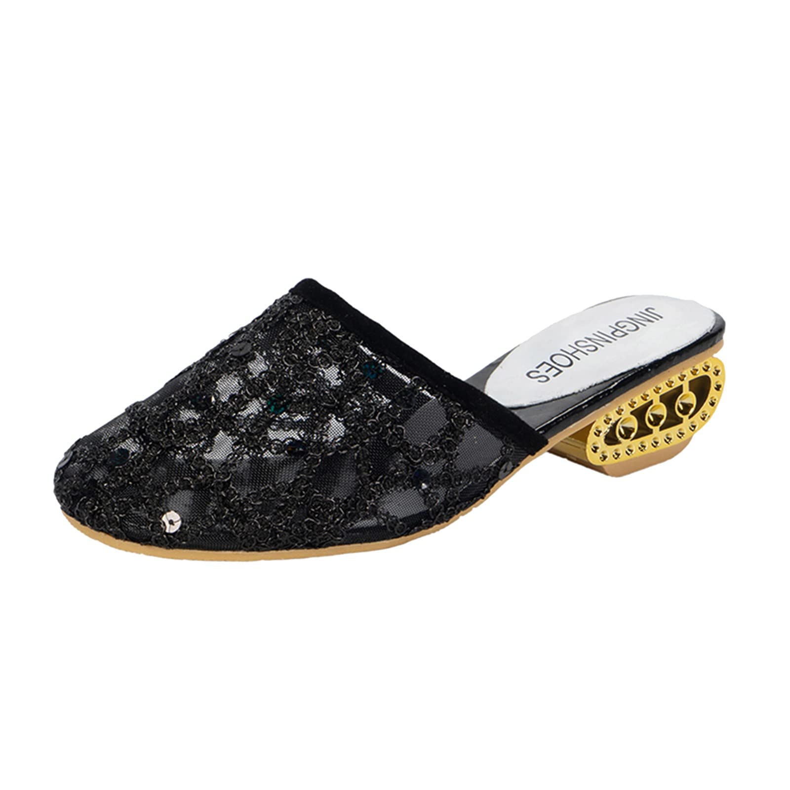 Women's Dressy Summer Slippers - Fashionable Sequin Mesh Sandals with Thick Heel | Breathable Solid Color Espadrille Slides for Casual Wear | Perfect for Beach, Poolside, and Summer Outings