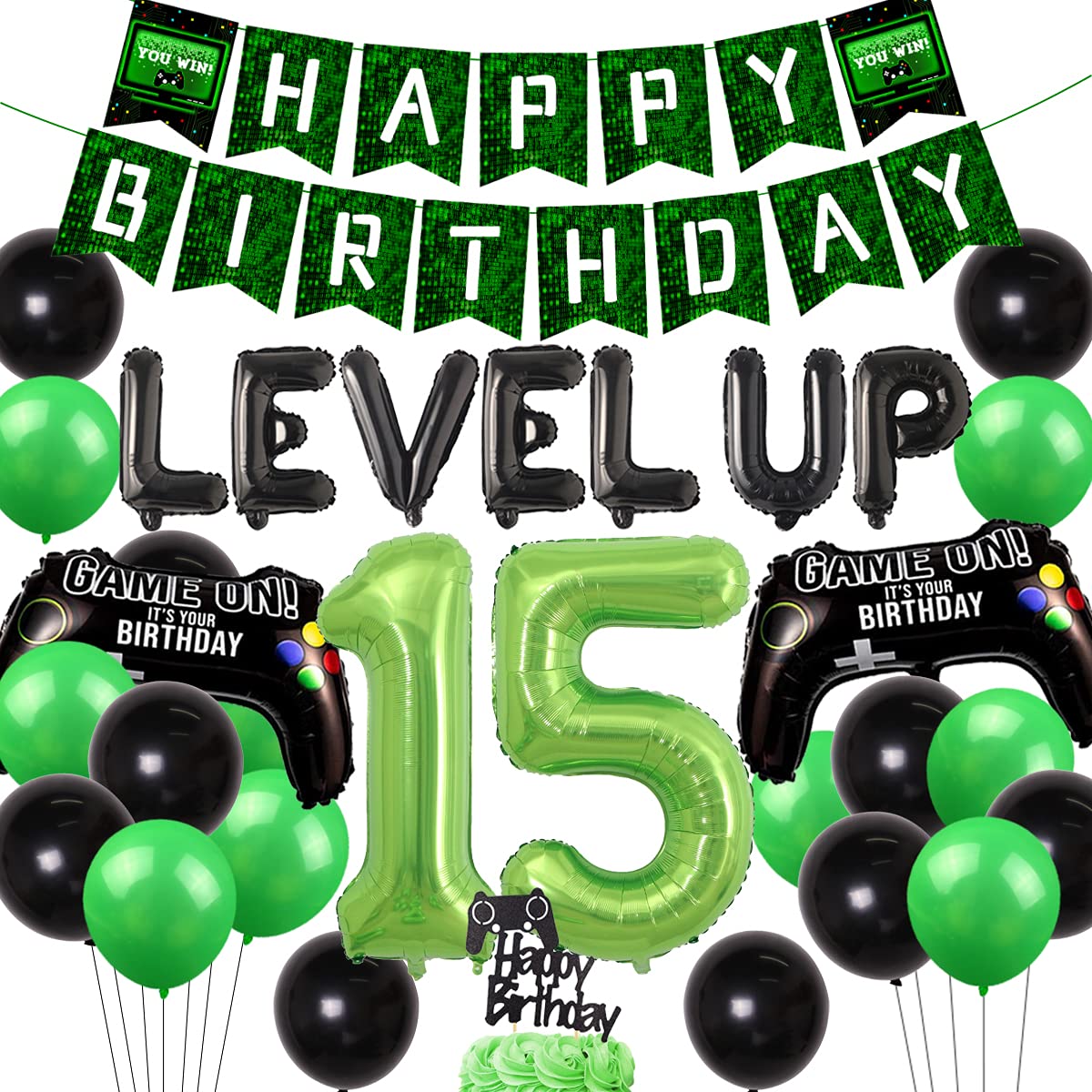 15th Birthday Party Decorations for Gamers - Video Game Themed Happy Birthday Banner, Cake Topper & Controller Foil Balloons - Perfect for Boys' Gamer Level Up Party Supplies | Ideal for Gaming Birthday Celebrations, Teen Parties & Streamer Events