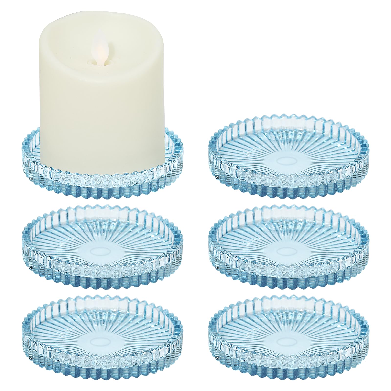 Blue Glass Pillar Candle Holders Set of 6 - 4 Inch Candle Plates for Wedding Centerpieces, Party Decor, Holiday Table Settings & Home Decoration - Perfect for Romantic Dinners, Christmas Decor, and Event Centerpieces