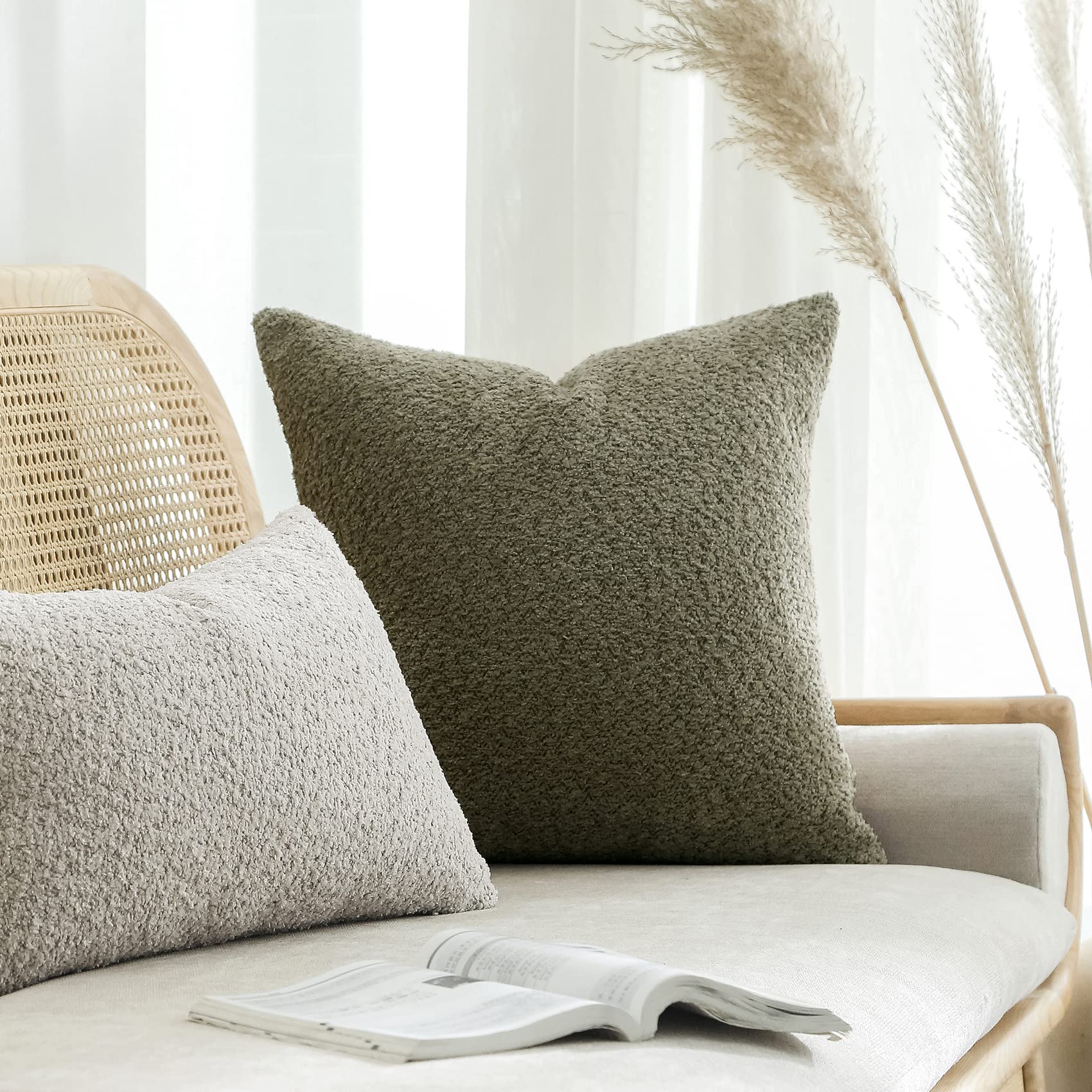 Farmhouse Throw Pillow Covers 20x20 - Set of 2 Rustic Decorative Pillow Cases for Couch, Bed & Living Room - Olive Green Neutral Accent Cushions for Cozy Home Decor & Farmhouse Style Interiors