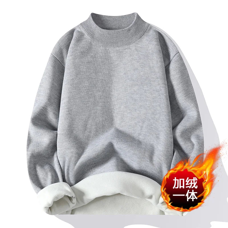 Men's Autumn Winter Knitted Mock Neck Sweater - Thick Fleece Lined Solid Color Casual Pullover | Warm & Stylish for Office, Dating & Outdoor Activities