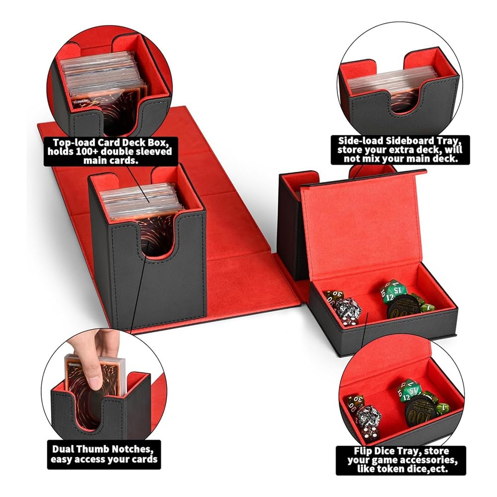 Premium Lozjokad Card Deck Box with Flip Dice Tray - Durable Storage Case for MTG, Pokemon & Sports Playing Cards (Black+Red) - Perfect for Game Nights, Travel & Card Collection Organization