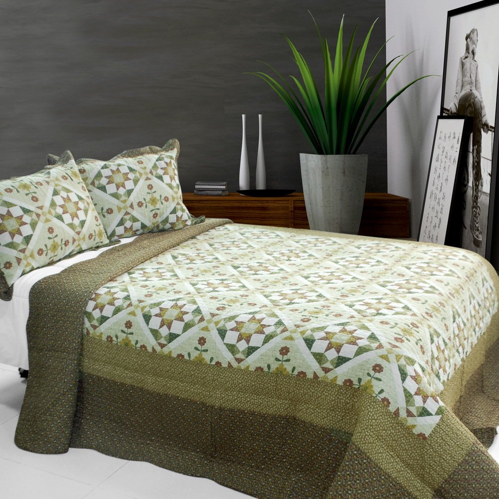 Blooming Flowers Cotton 3-Piece Quilt Set - Full/Queen Size Bedding, Vermicelli-Quilted Printed Comforter Cover with Pillow Shams - Soft & Breathable for Cozy Bedroom Decor