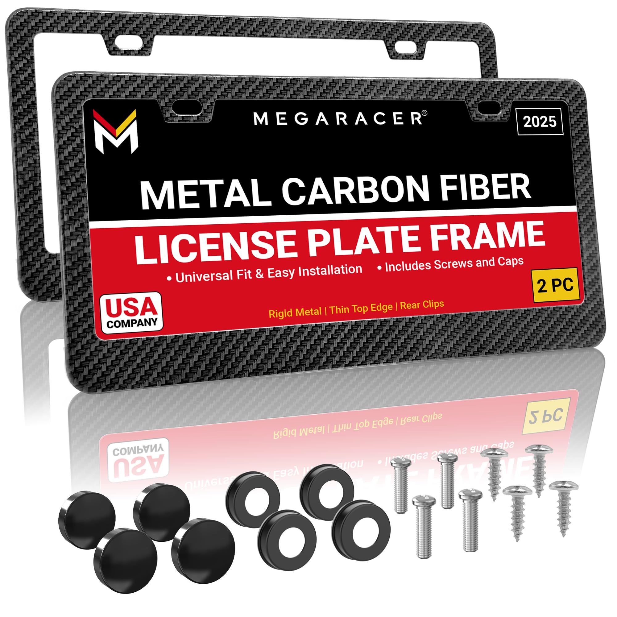 Premium Carbon Fiber Printed Front & Rear License Plate Frames - Black Aluminum Metal with Stainless Steel Screws & Plastic Caps (2-Pack) - Durable Car Accessories for Trucks, SUVs & Luxury Vehicles