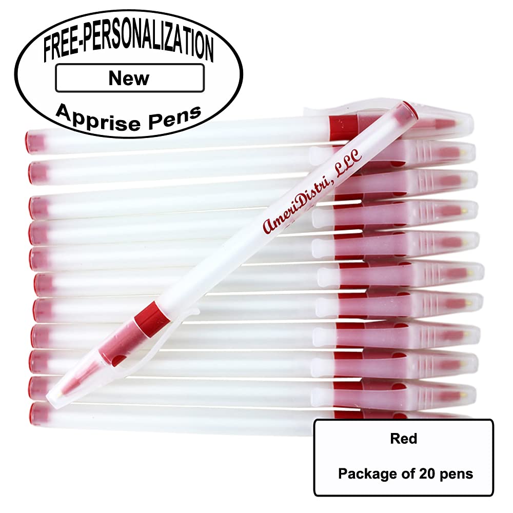 Personalized Translucent Plastic Pens with Red Accent Grips - Custom Engraved Apprise Pens - 20 Pack Bulk Office Supplies for Corporate Gifts, Promotional Events & School Use