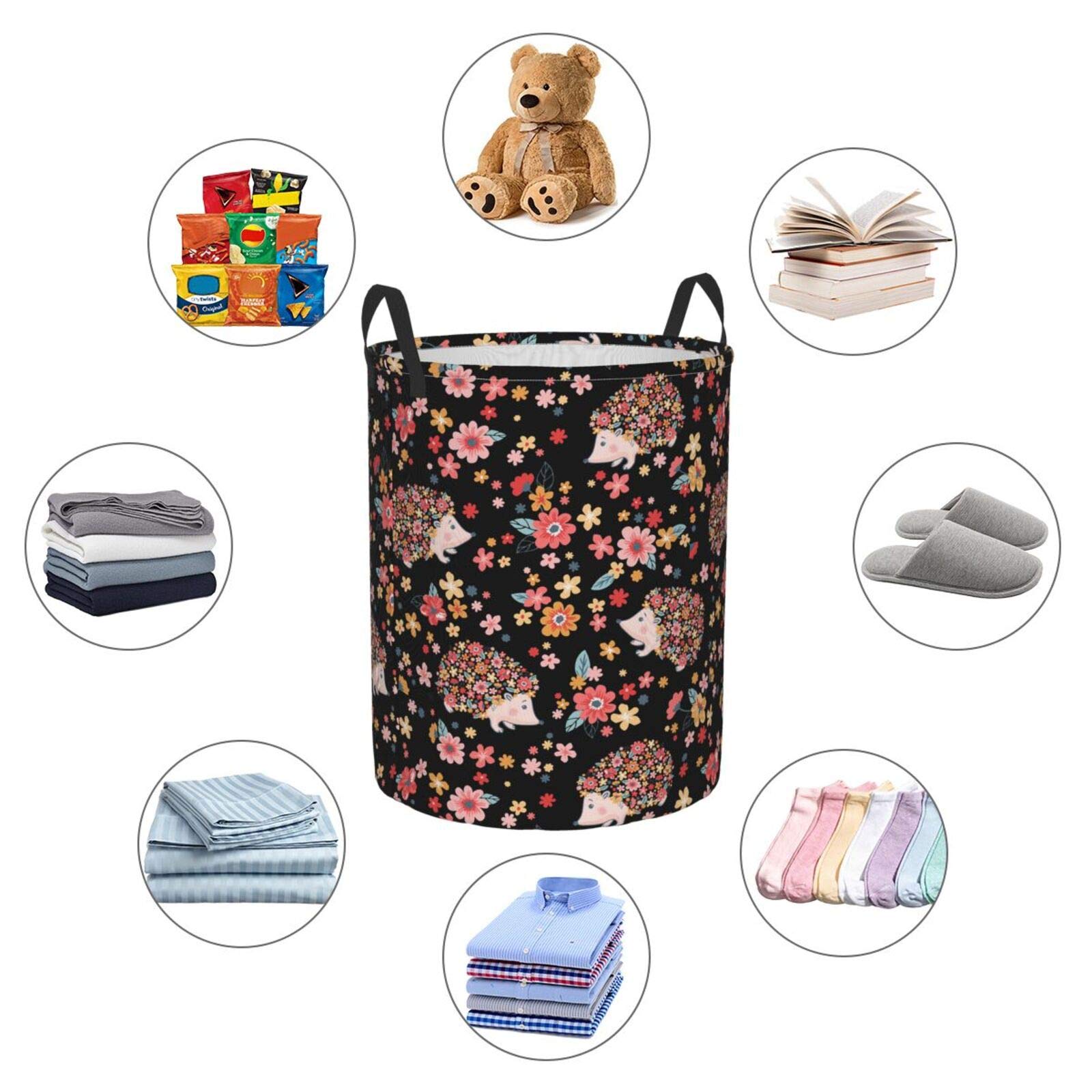 Stylish Black Collapsible Laundry Basket with Cute Hedgehog & Flower Design - Waterproof Fabric Hamper with Handles for Clothes, Toys Storage - Perfect for Bedroom, Bathroom & Kids Room Organization