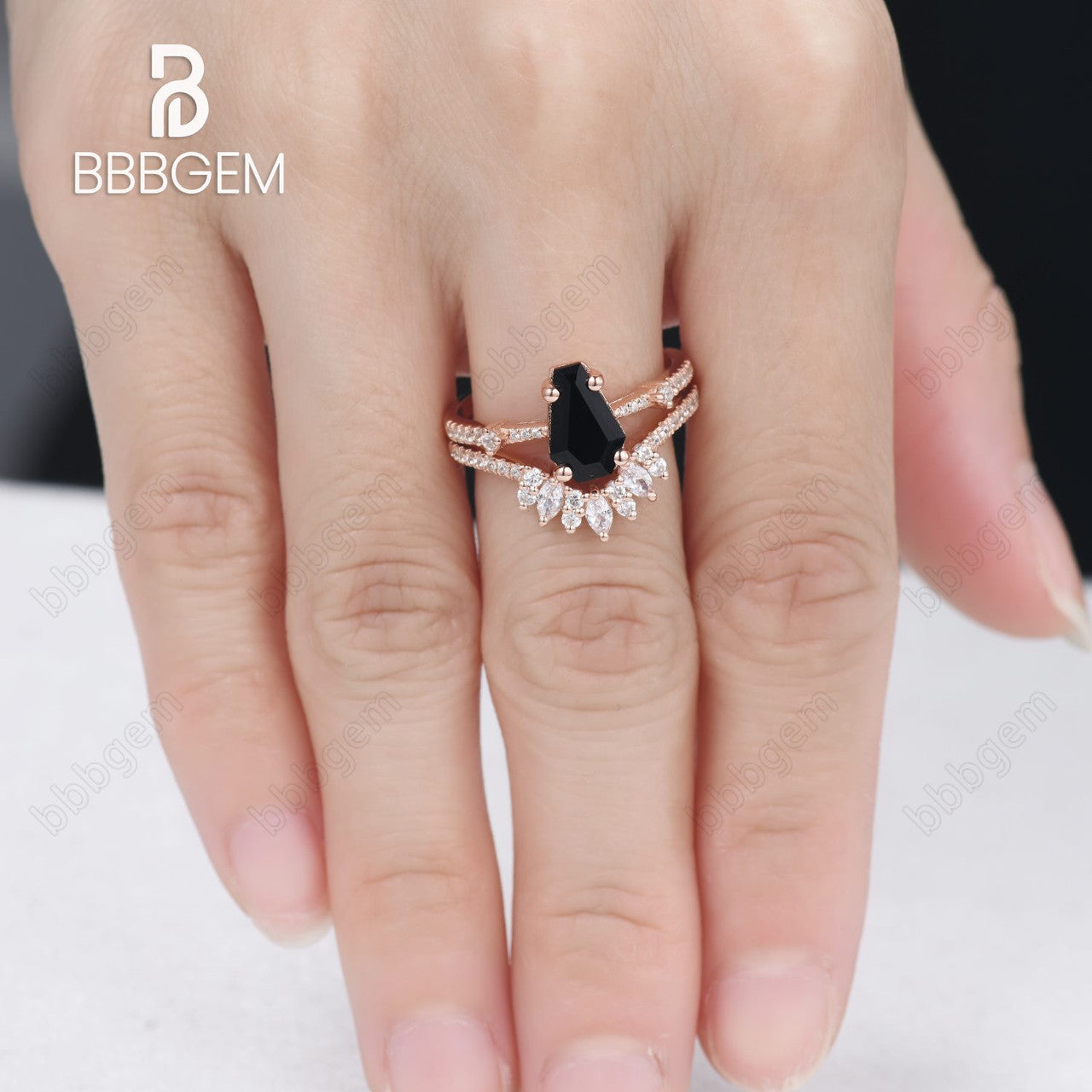 Unique Black Onyx Coffin Wedding Ring Set for Women - 14K Rose Gold Three-Stone Engagement Ring with Marquise Moissanite | Gothic Jewelry, Alternative Bridal Ring, Dark Romance Wedding Band