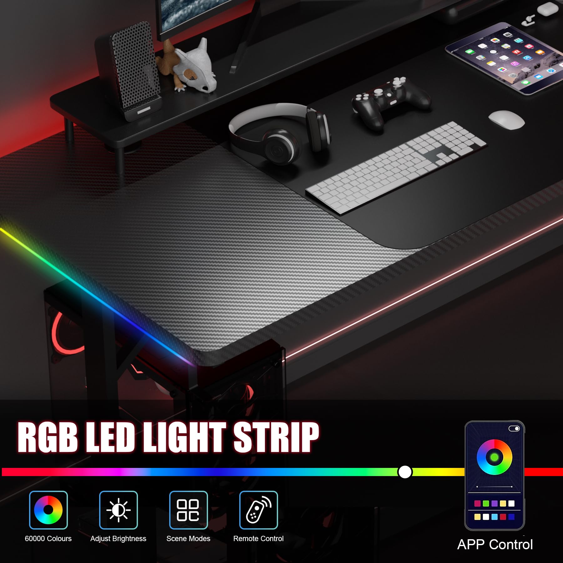 GTRACING 55 Inch Gaming Desk with LED Lights - Large Computer Desk with Mouse Pad, Carbon Fiber Surface, Headphone Hook - Perfect for Home Office & PC Gaming Workstations (Black)