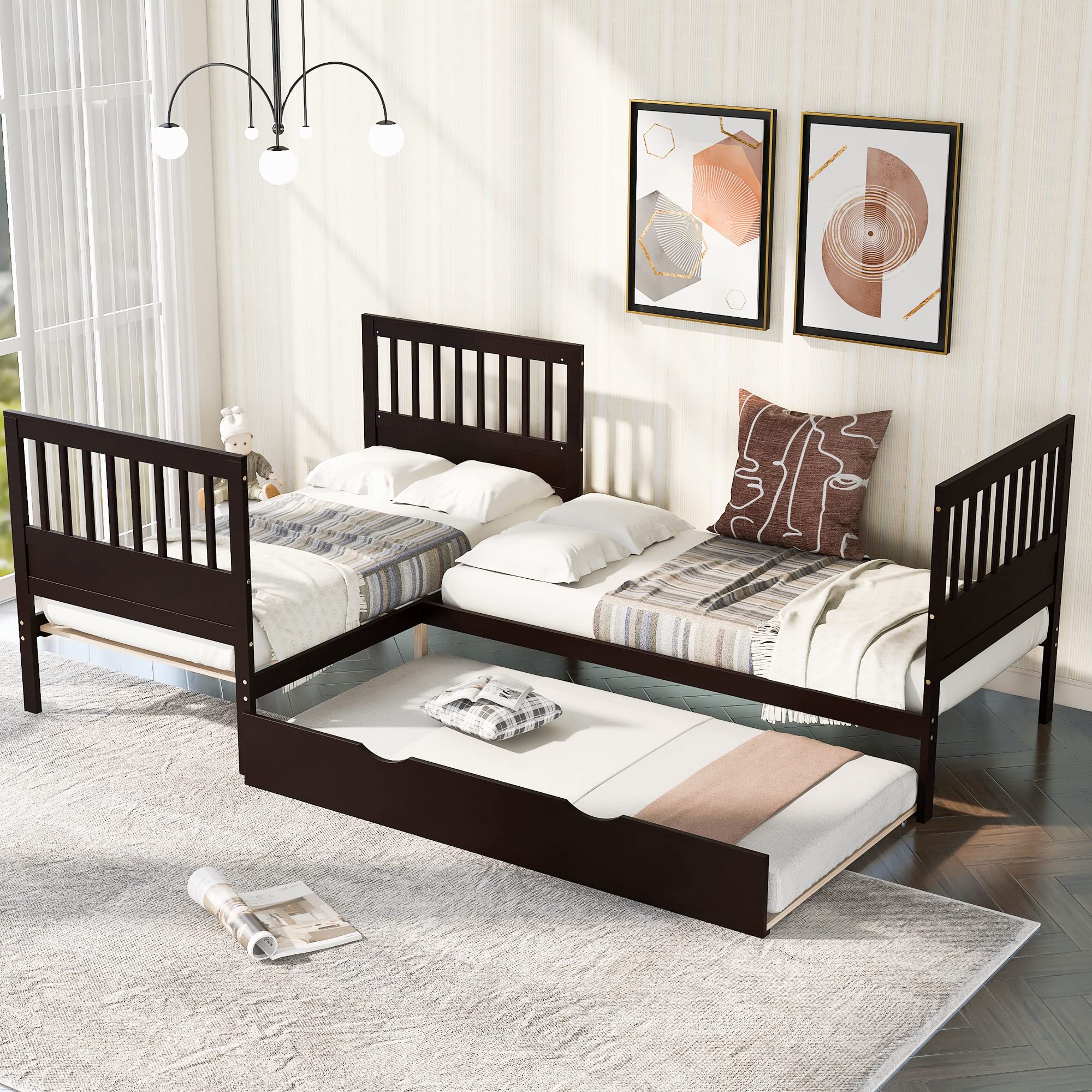 L Shaped Platform Bed with Trundle - Wooden Corner Bed Frame with Headboard & Footboard - 3-in-1 Twin Size Bed for Multiple Sleepers (Twin, Espresso) - Perfect for Small Bedrooms, Guest Rooms & Kids' Shared Spaces
