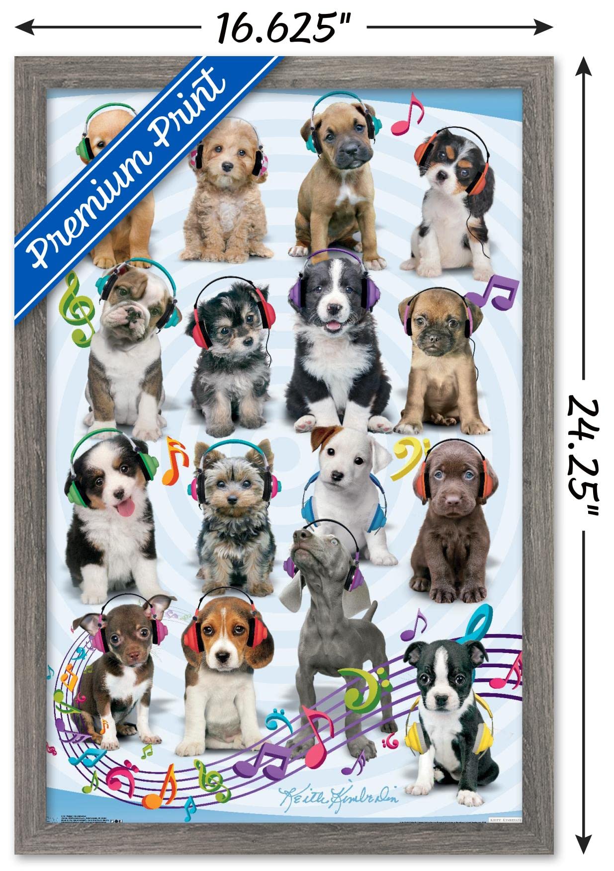 Trends International Keith Kimberlin Puppies Headphones Wall Poster - 14.725 x 22.375 Inches, Barnwood Framed Art Print - Perfect for Bedroom, Living Room, and Office Decor