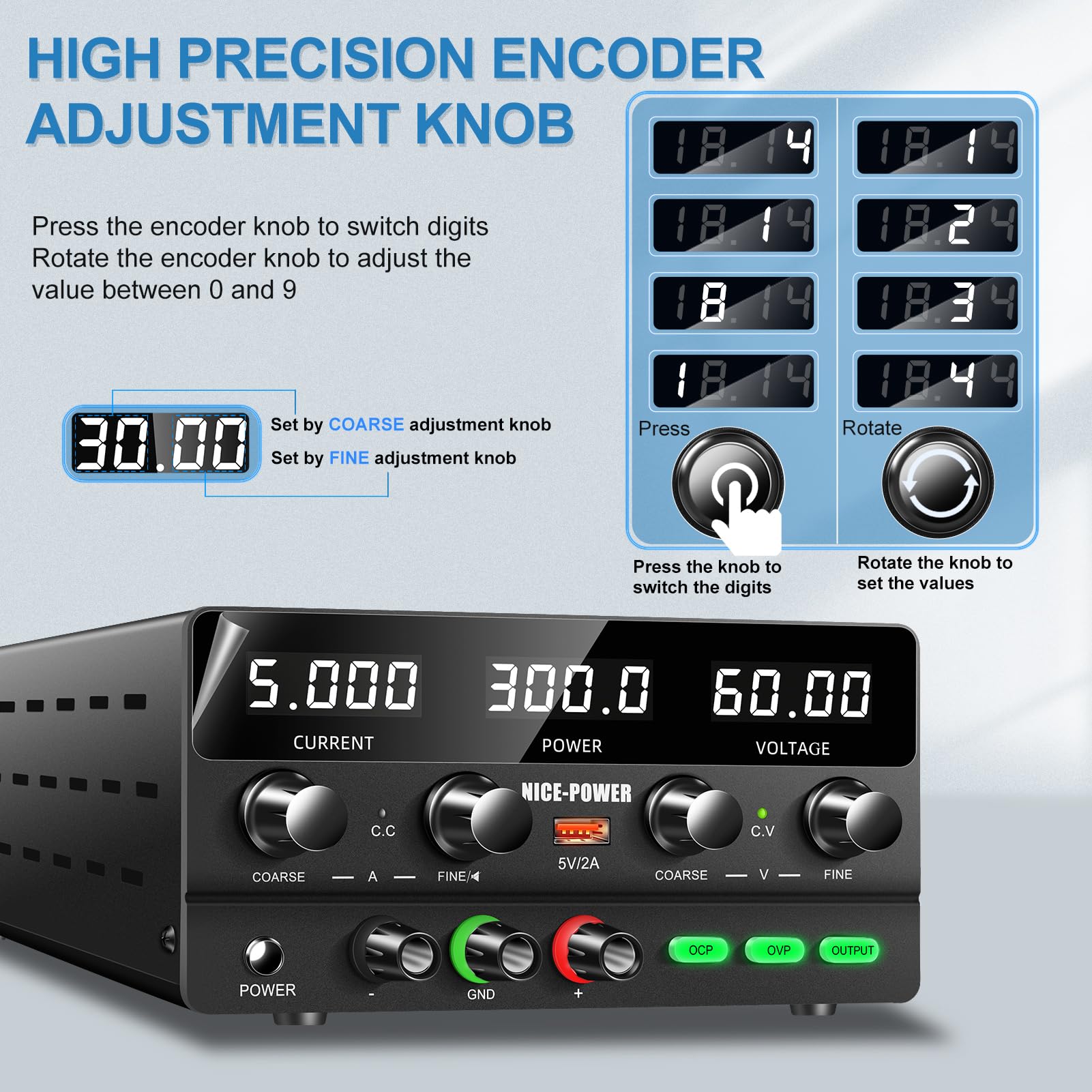 Adjustable DC Power Supply 60V 5A 300W with LED Display & USB Port - High Precision Variable Switching Regulated Bench Lab Power Supply for Electronics Testing, DIY Projects, and Circuit Prototyping