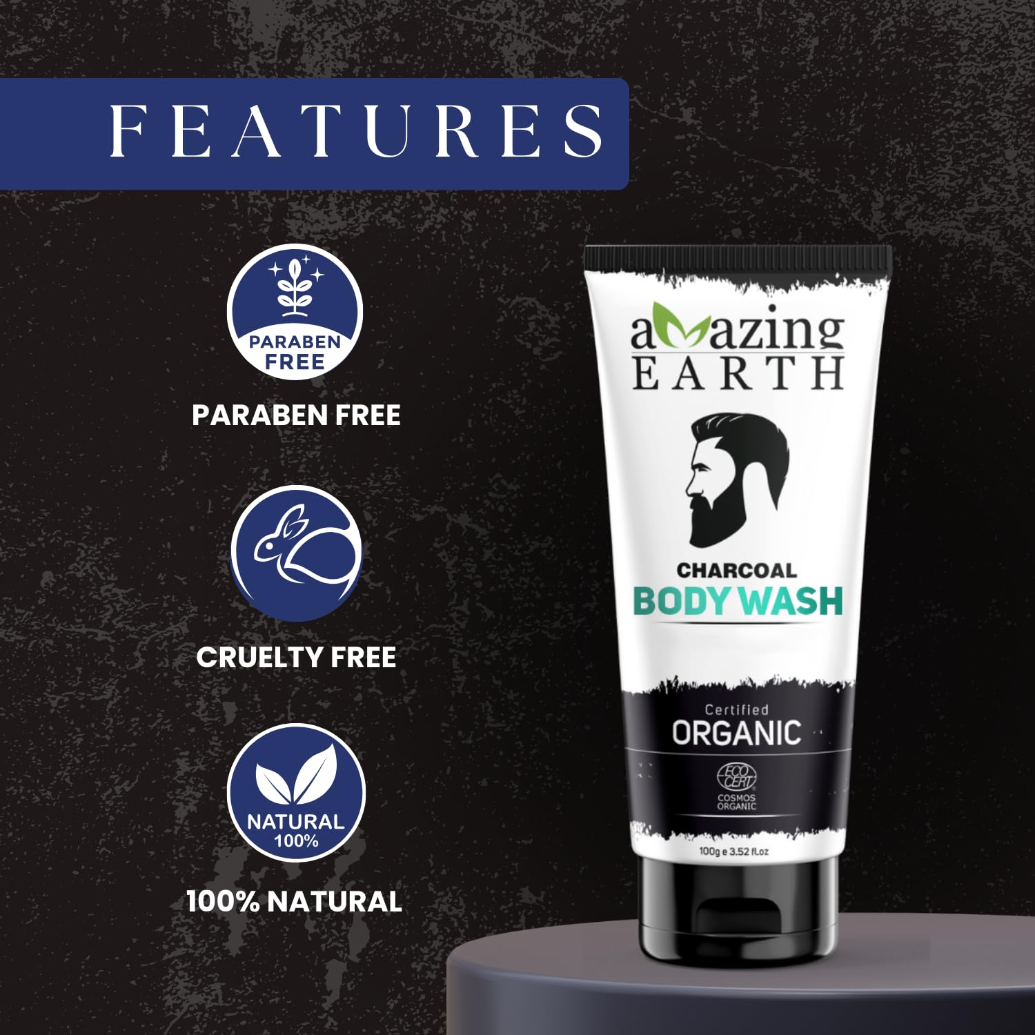 Organic Activated Charcoal Body Wash for Men - Sulfate & Paraben Free, Vegan & Cruelty Free - Deep Cleansing with Rice, Neem & Orange Extract - Controls Oil, Dirt & Pollution - 100ml - Perfect for Gym, Travel & Daily Detox