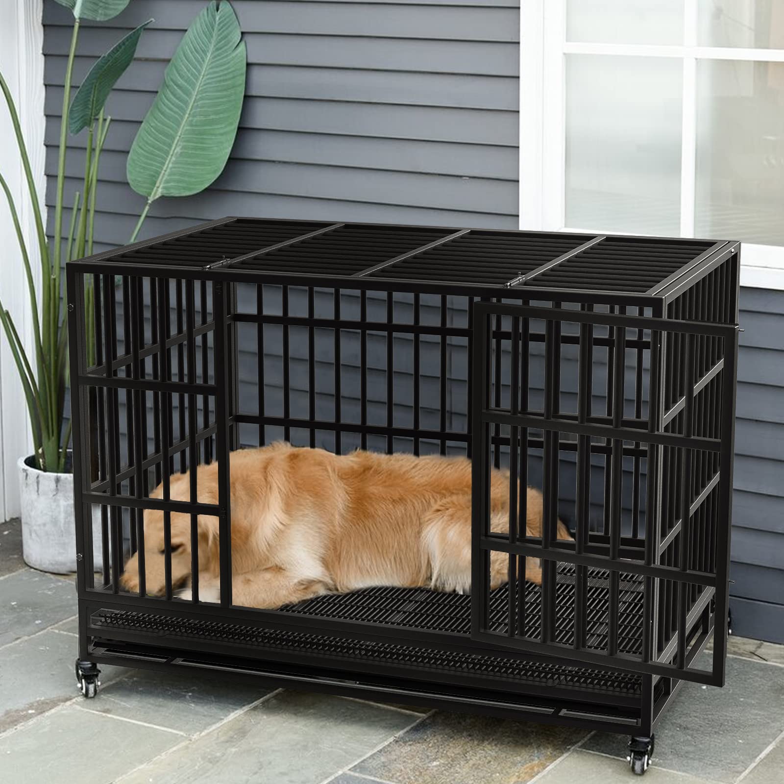 LEMBERI 48/38 Inch Heavy Duty Indestructible Dog Crate - Escape Proof Metal Dog Cage Kennel with Lockable Wheels & Removable Tray - High Anxiety Double Door Design for Large Dogs - Perfect for Home, Travel & Vet Visits