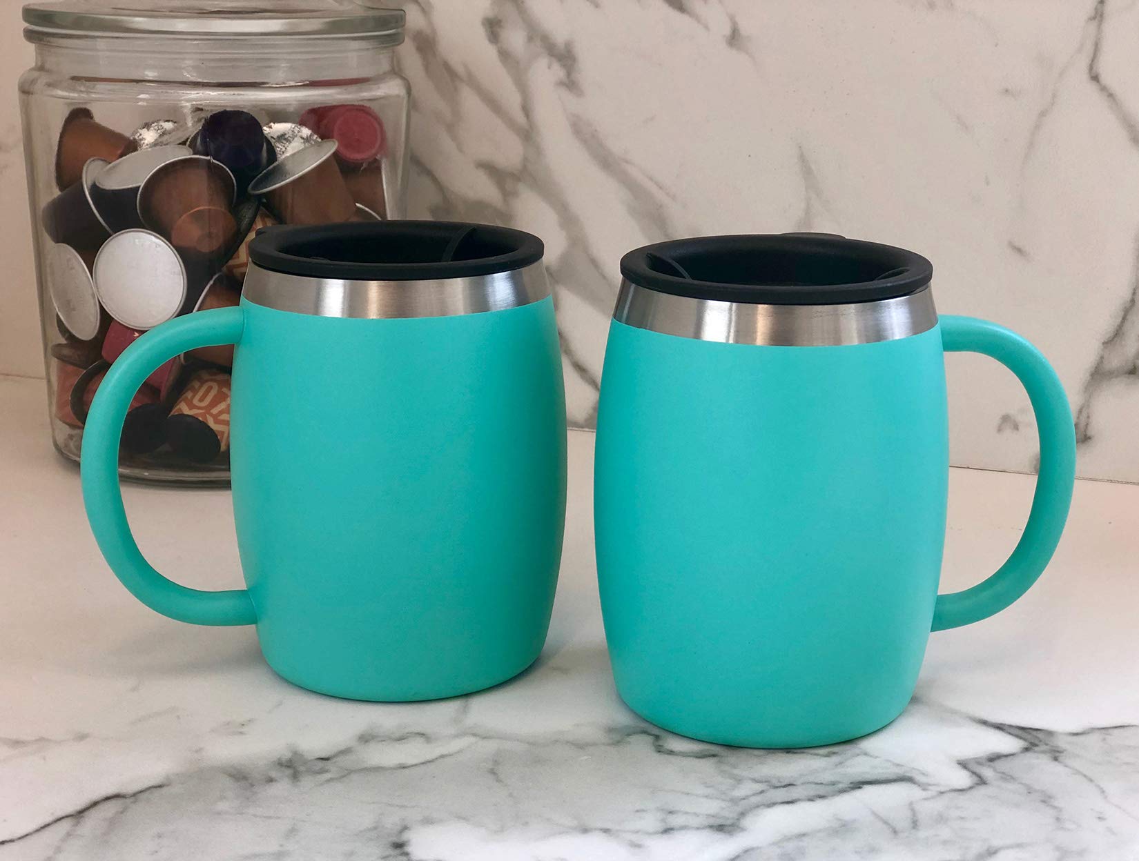 Premium Stainless Steel Insulated Coffee Mugs Set of 2 (14oz) - Double Wall Vacuum Insulated Travel Mugs with Leak-Proof Lid & Comfortable Handle - BPA-Free Hot & Cold Beverage Cups for Office, Camping, Hiking, and Commuting (Aqua Blue)