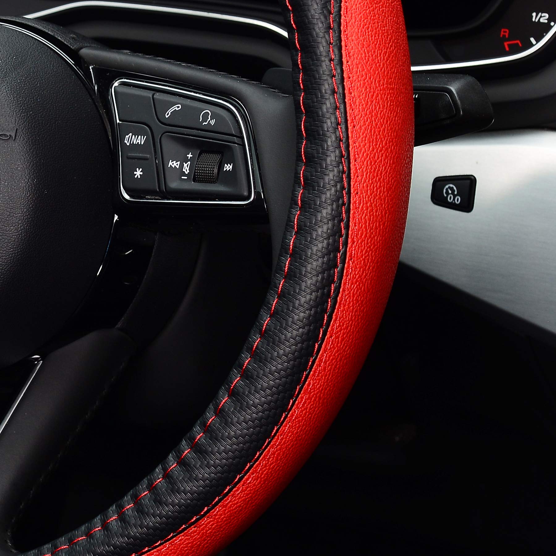 Premium Microfiber Leather Steering Wheel Cover - Universal 15 Inch Anti-Slip Grip for Cars, SUVs & Trucks (Red) - Perfect for Commuting, Road Trips & Enhanced Driving Comfort