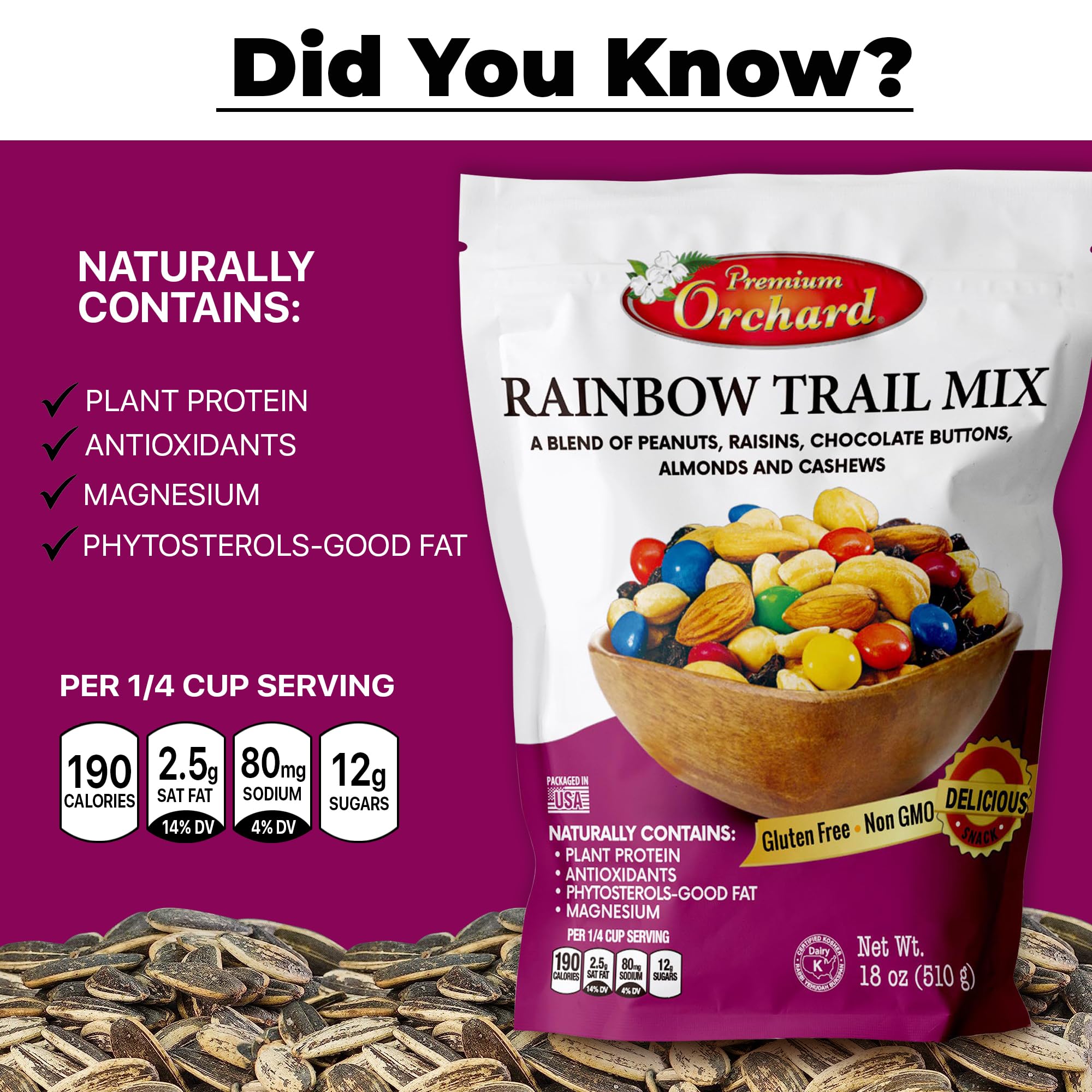 Premium Orchard Rainbow Trail Mix - Healthy Snack Pack with Peanuts, Raisins, Cashews, Almonds & Chocolate Buttons | Gluten-Free, Heart-Healthy Mixed Nuts for Adults & Kids | Perfect for Hiking, School Lunches & Office Snacks