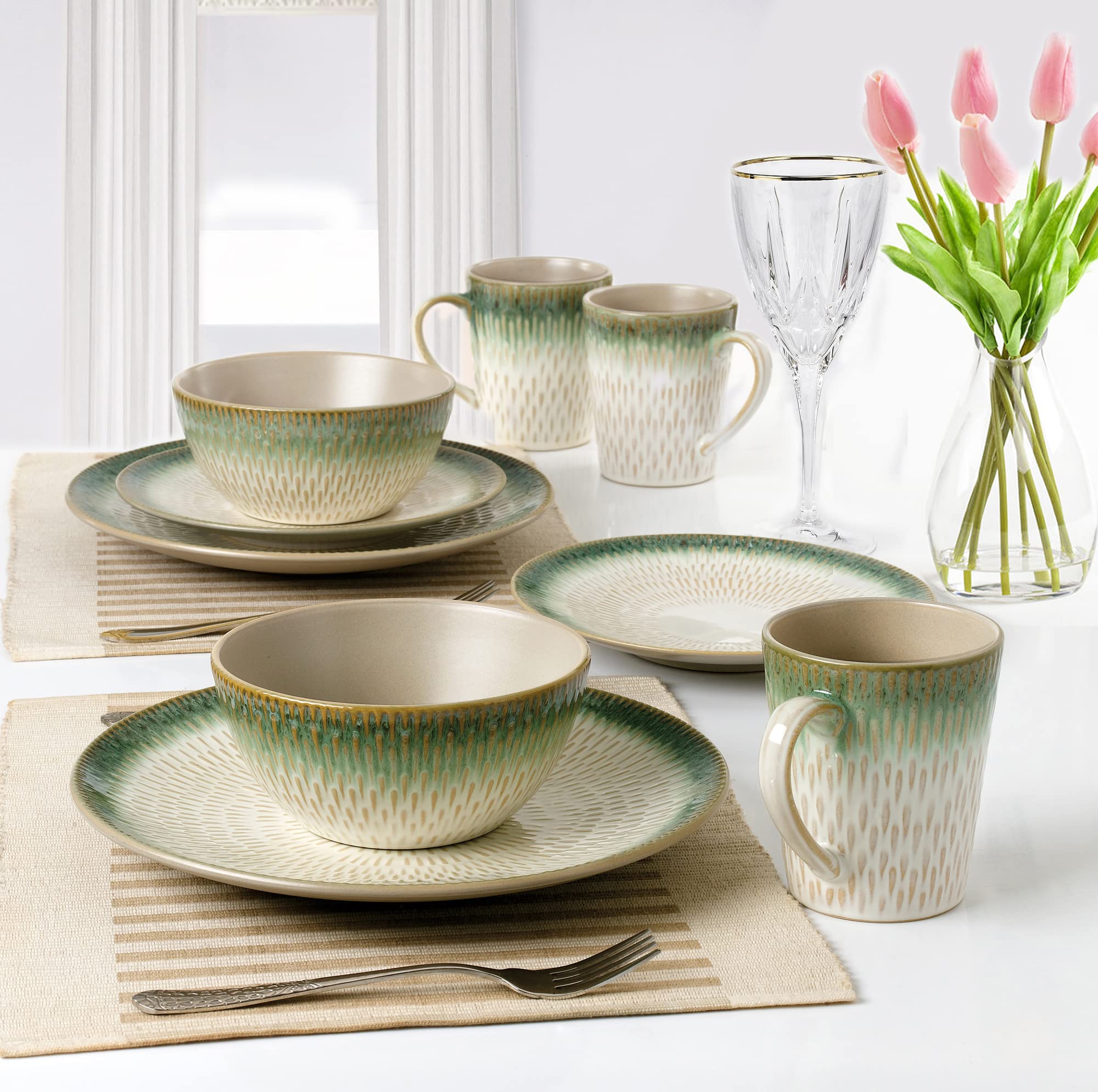 Elegant Modern Stoneware Scroll Dinnerware Set - 16-Piece Green Drop Collection for Parties, Events & Holiday Entertaining | Durable Dishware for Formal Dining, Wedding Receptions & Family Gatherings