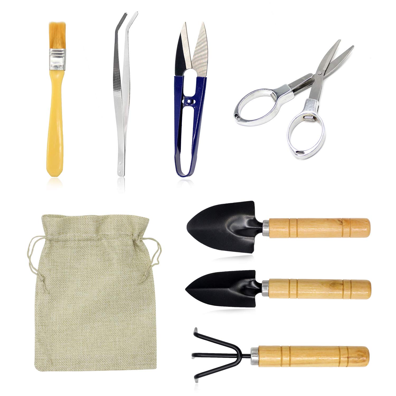 FALIDI 8-Piece Bonsai Tool Kit - Mini Gardening Tools Set for Indoor & Outdoor Bonsai Care (Includes Pruner, Folding Scissors, Rake, Tweezers, Brush) - Perfect for Bonsai Trimming, Repotting, and Plant Maintenance