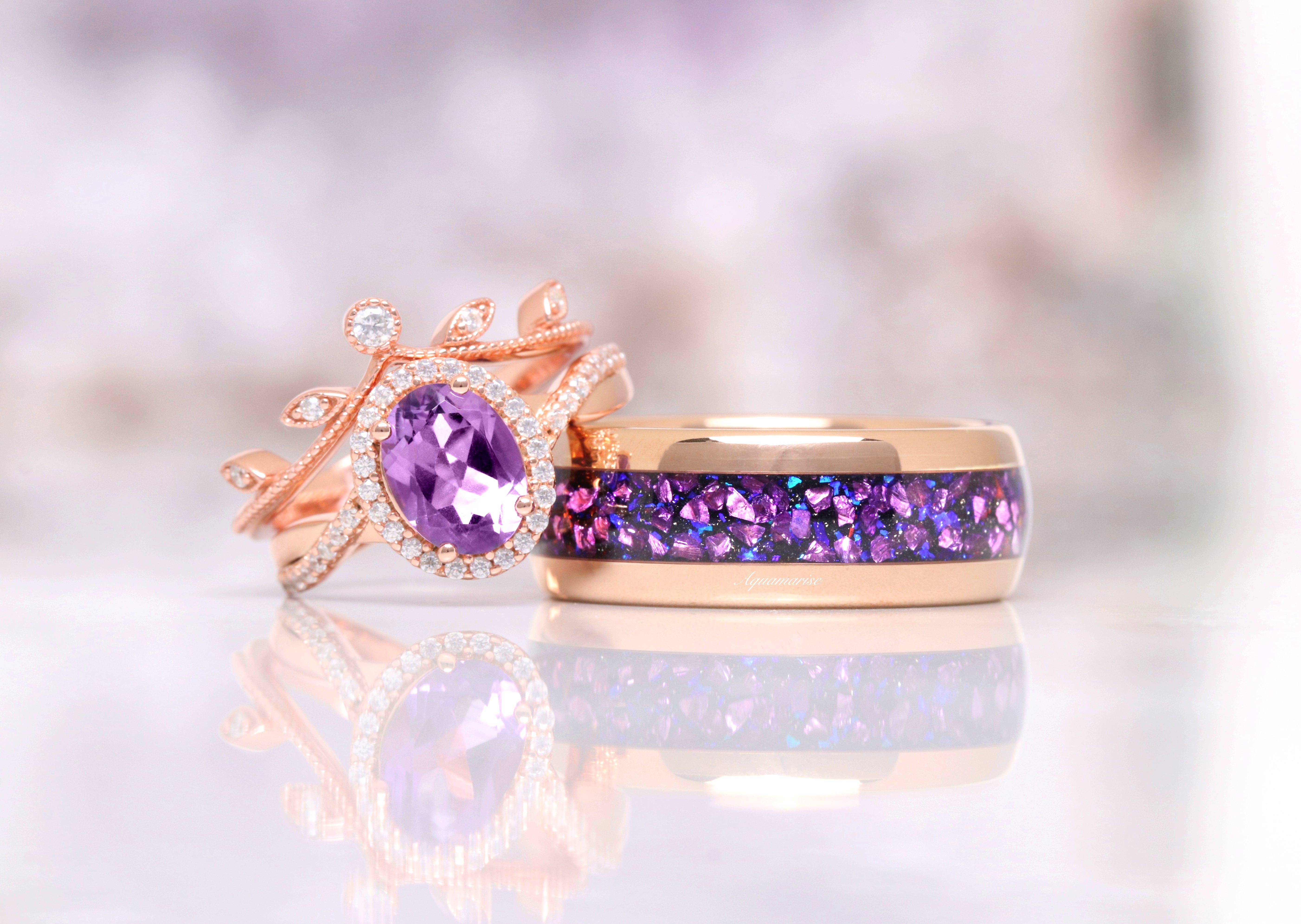 8MM Rose Gold Tungsten Wedding Band for Men & Women - Amethyst & Starry Night Design, Durable Comfort Fit Ring for Engagement, Anniversary, and Everyday Wear