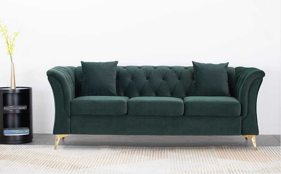 Kevinplus Modern Chesterfield Sofa - 3-Seat Upholstered Couch with Gold Metal Legs & 2 Pillows, Green - Perfect for Living Room, Apartment, Bedroom, Dorm or Office | Elegant Seating Solution for Home Decor & Entertaining Guests