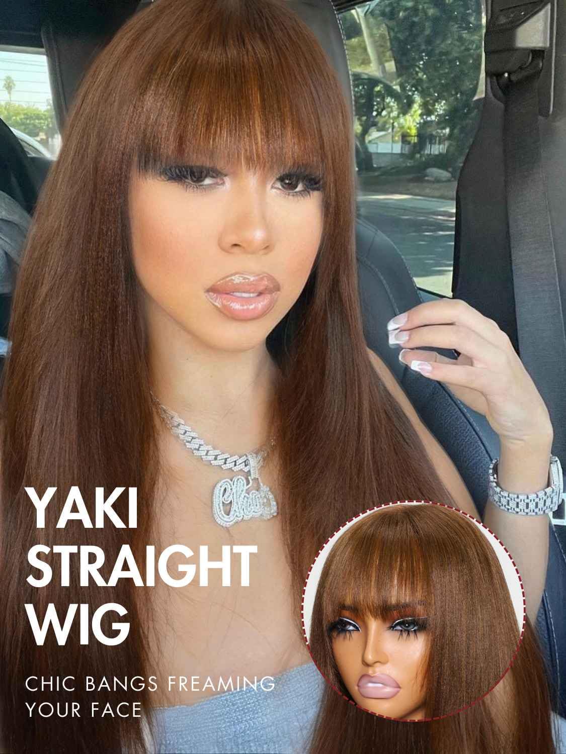 Beauty Forever Chocolate Brown Yaki Straight Human Hair Wig with Bangs - 20in Glueless HD Lace 150% Density #4 Dark Brown | Affordable Layered Cut Ready to Wear Wig for Beginners | Perfect for Daily Wear, Cosplay & Special Occasions