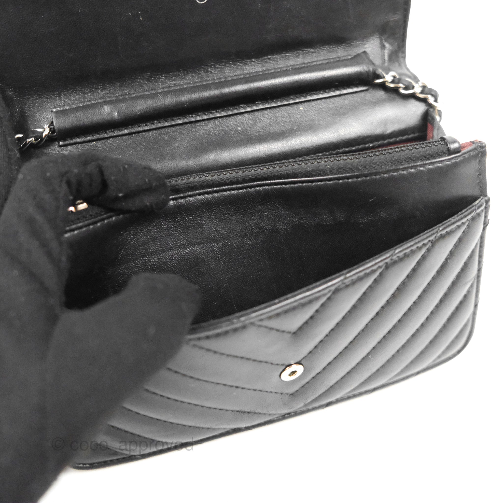 Chanel Classic Chevron Wallet on Chain WOC - Black Lambskin Leather with Silver Hardware | Crossbody Bag for Women, Perfect for Evening Events & Daily Use