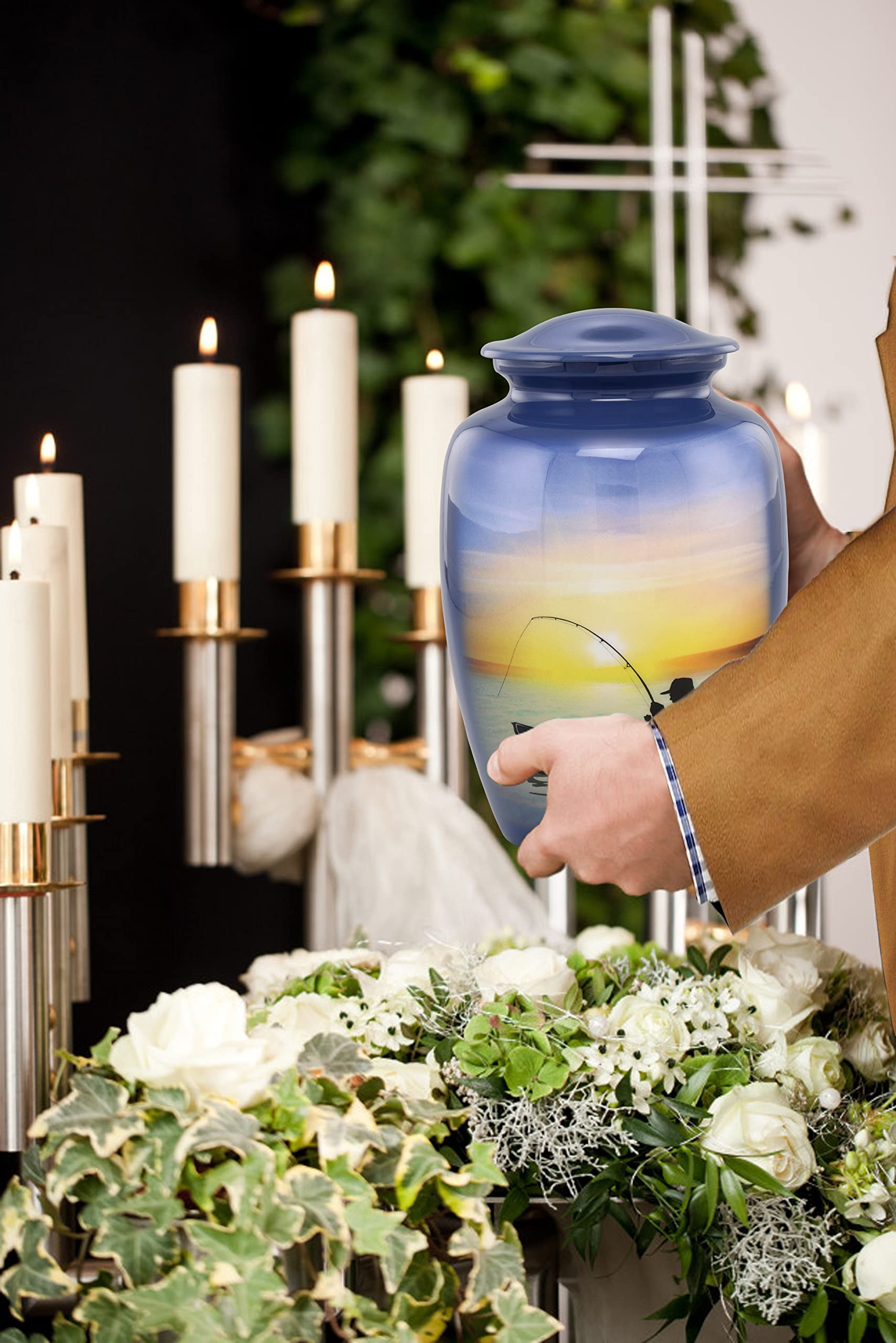 Hand-Painted Fishing Cremation Urn for Ashes - Memorial Urn for Fishermen - Large Handmade Funeral Urn with Velvet Bag - Perfect for Home Memorials, Cemetery Burials & Ash Storage - Ideal Gift for Fishing Enthusiasts