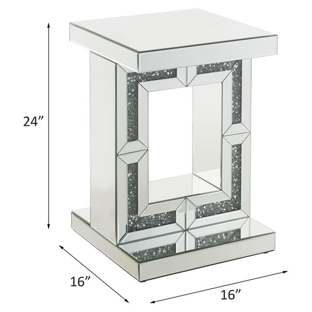 Acme Noralie Glass Accent Table with Pedestal Base - Elegant Mirrored Finish & Faux Diamond Decor | Perfect for Living Room, Bedroom, or Entryway Decor