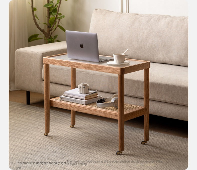 Solid Oak Wood Japanese Style Glass Rattan Rocking Side Table - Portable End Table for Living Room, Bedroom, or Outdoor Patio Decor
