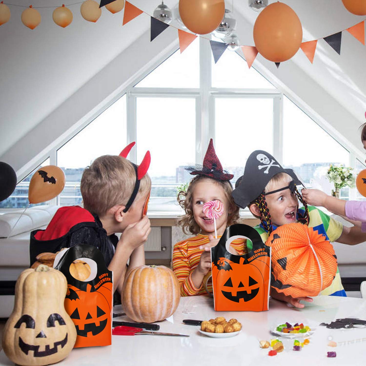 ZeeDix 50 Pcs Halloween Candy Treat Bags - Orange Mini Goodie Bags for Lollipops, Cake Pops, Chocolates & Cookies - Durable OPP Plastic Jack-O-Lantern Pumpkin Bags - Perfect for Halloween Parties, Trick or Treat & Buffet Wrapping
