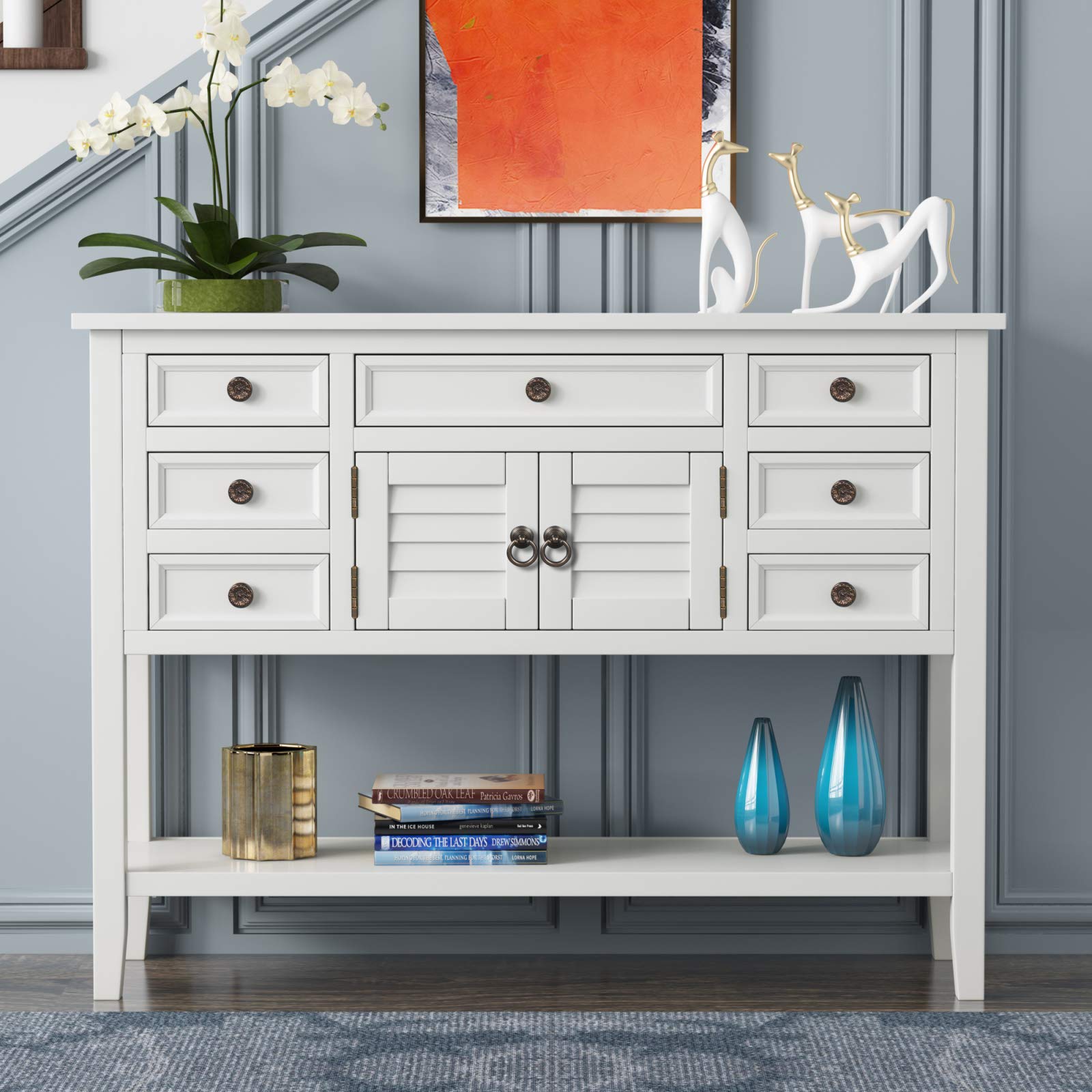 Garhelper Solid Wood Console Table - Modern Entryway Buffet with Shutter Doors & 7 Drawers, Open Shelf Storage for Living Room, Kitchen, Hallway | Sofa Table, Sideboard, Home Organization Furniture