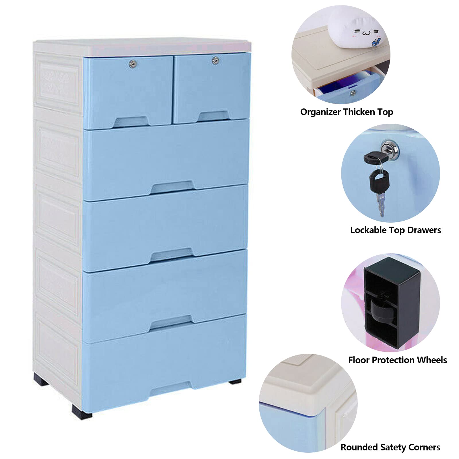 6-Drawer Plastic Storage Tower with Wheels - DYRABREST Vertical Dresser Organizer for Clothes & Accessories, Easy Assembly 5-Tier Cabinet for Bedroom, Closet, Dorm or Office (Blue)