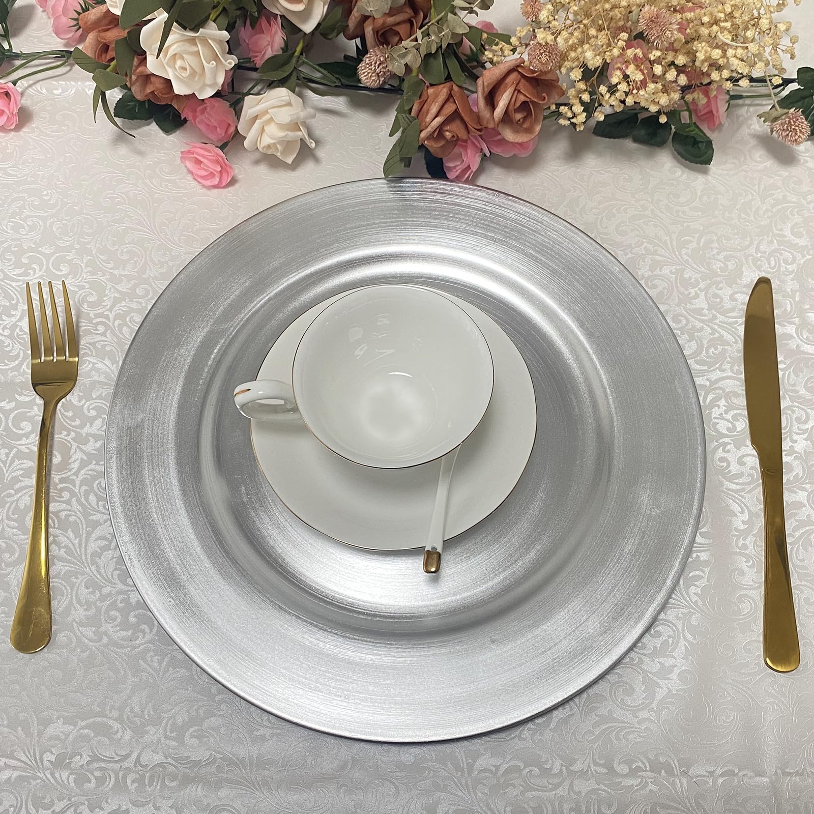 13 Inch Round Plastic Charger Plates Set of 8 - Elegant Metallic Silver Foil Dinner Plates for Wedding, Party, Banquet & Special Events - Perfect for Formal Dining, Buffet Service & Table Decorations