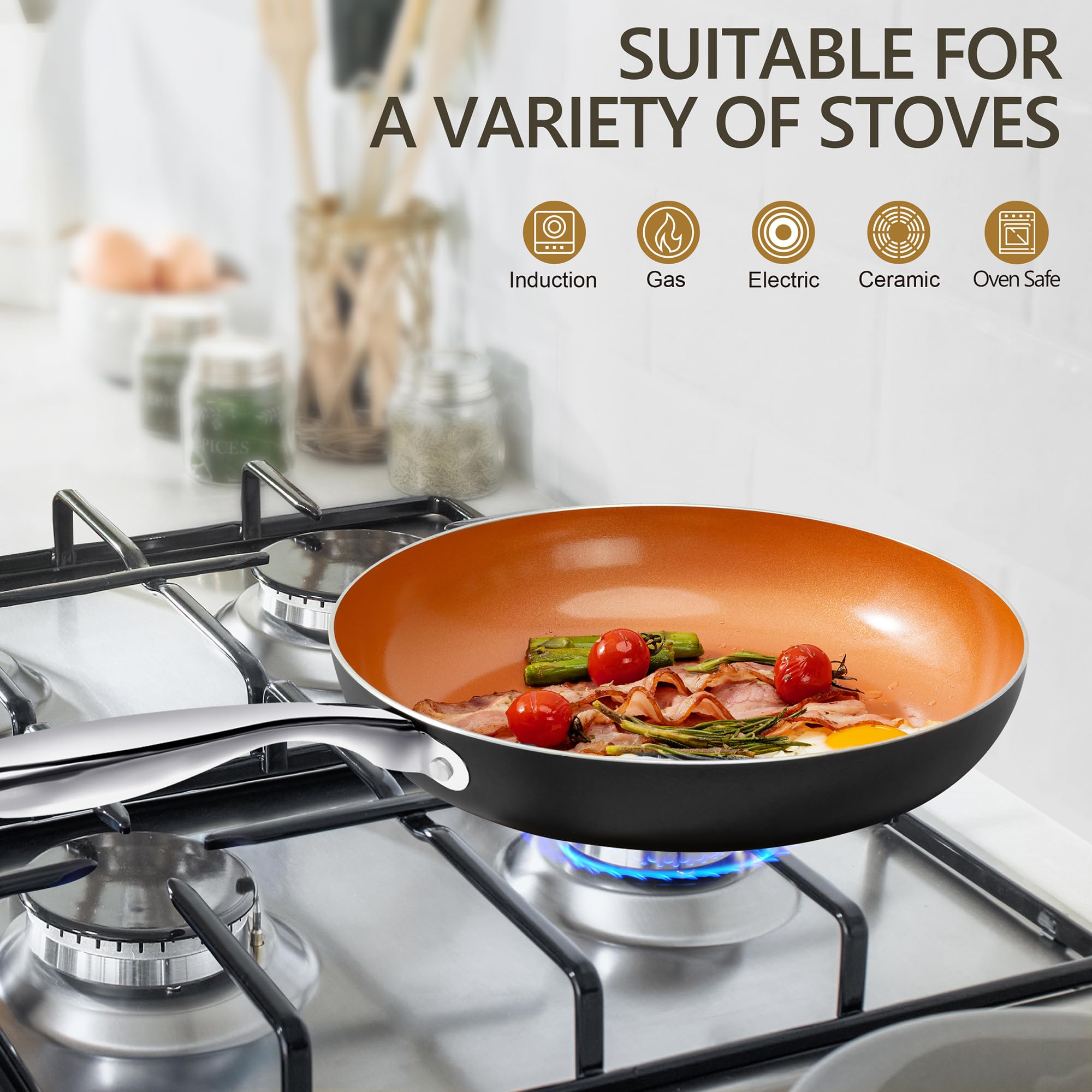 MICHELANGELO 12 Inch Nonstick Copper Frying Pan with Lid - Ceramic Coated Skillet, Induction Compatible Cookware for Sauteing, Frying & Cooking - Perfect for Home Kitchen & Professional Use