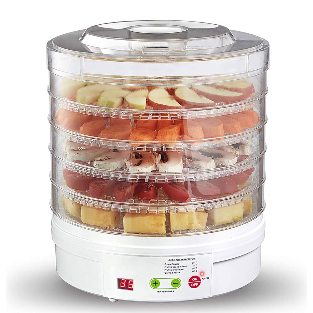 5-Tray Food Dehydrator Machine - Adjustable Temperature (95°F-158°F) & 48H Timer for Drying Fruits, Vegetables, Herbs, Jerky - Compact 30x30x31.5cm - Perfect for Healthy Snacks, Camping & Meal Prep