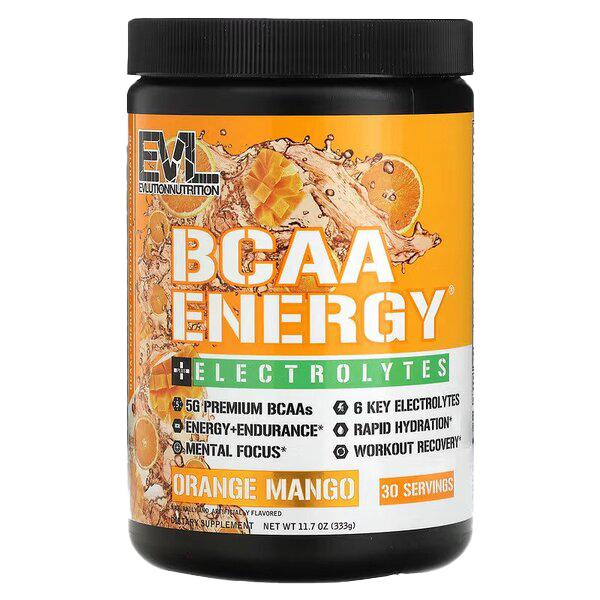 EVLution Nutrition BCAA Energy + Electrolytes Powder - Orange Mango Flavor 333g for Workout Recovery & Hydration | Pre & Post Workout Supplement for Athletes & Fitness Enthusiasts