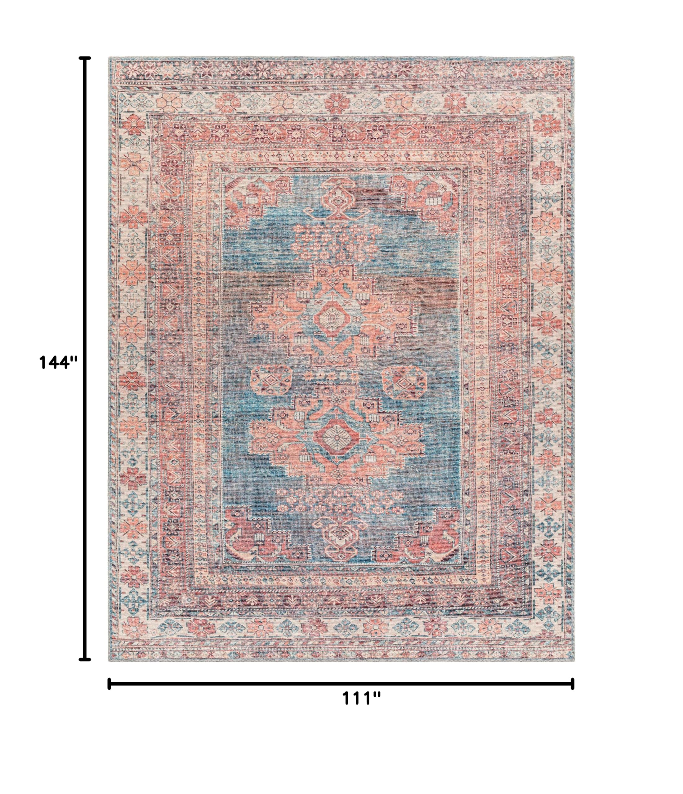 Mark&Day Washable 9x12 McCordsville Traditional Coral Area Rug - Pink Blue Machine Washable Carpet for Living Room, Bedroom, Kitchen | 9'3