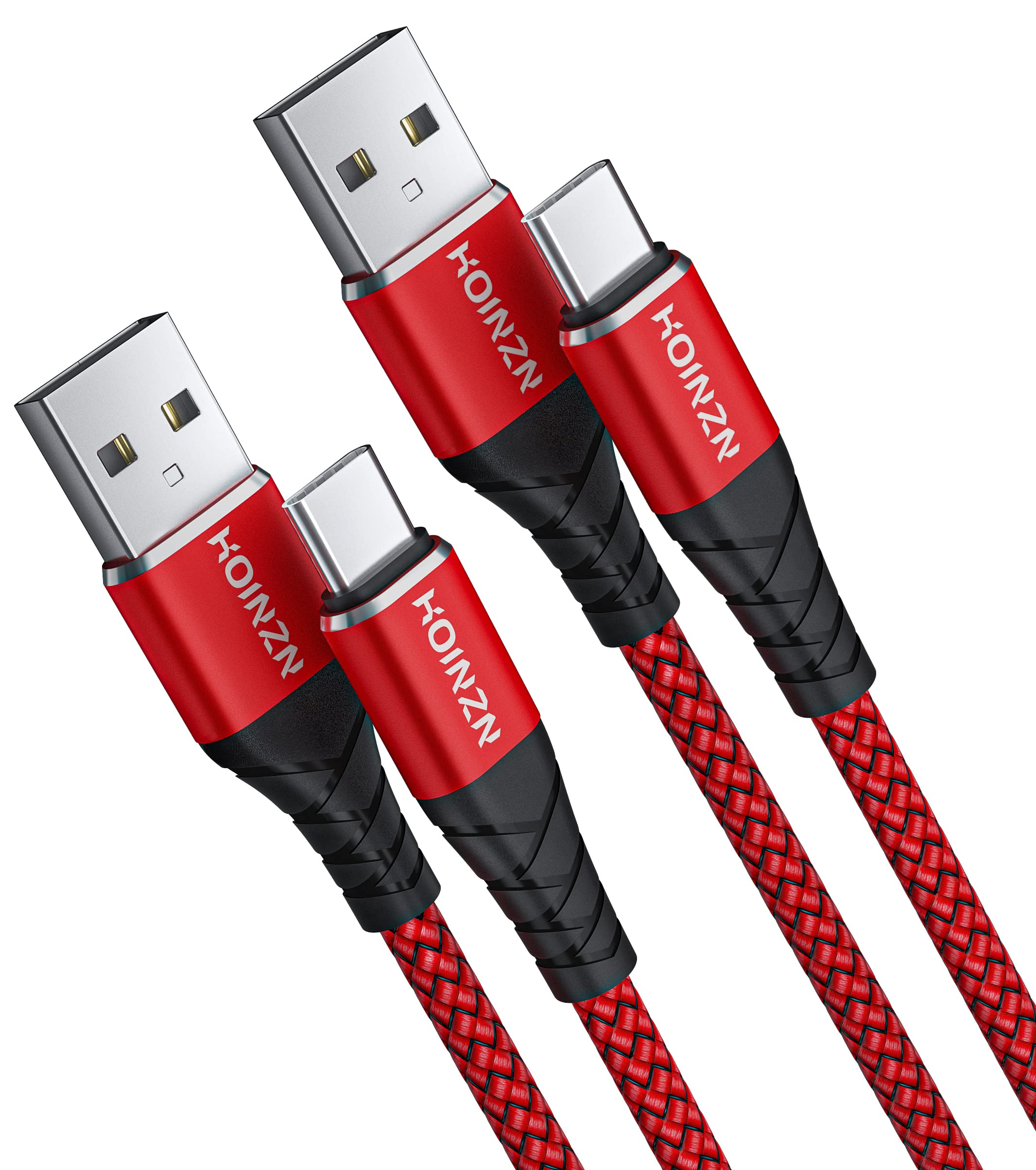 HOINZN USB C Cable [2-Pack, 10FT] - 3A Fast Charging Type C Cord, Durable Braided Nylon, Compatible with Samsung Galaxy A20/A50/A51/A71, S20/S10/S9/S8 Plus & Android Phones - Red | Perfect for Home, Office & Travel Charging