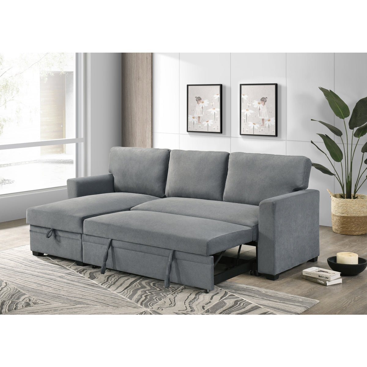 2-Piece Grey Sectional Sofa with Pull-Out Sleeper & Reversible Storage Chaise - Modern L-Shaped Couch for Small Spaces, Living Room, Apartment, and Home Theater Comfort