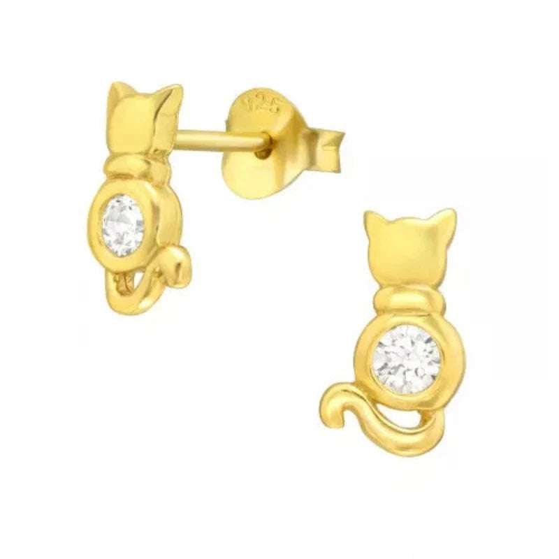 Gold Cat Stud Earrings with Cubic Zirconia - Elegant Pet Lover Jewelry for Women, Perfect Gift for Cat Owners & Animal Lovers - Great for Parties, Dates & Everyday Wear