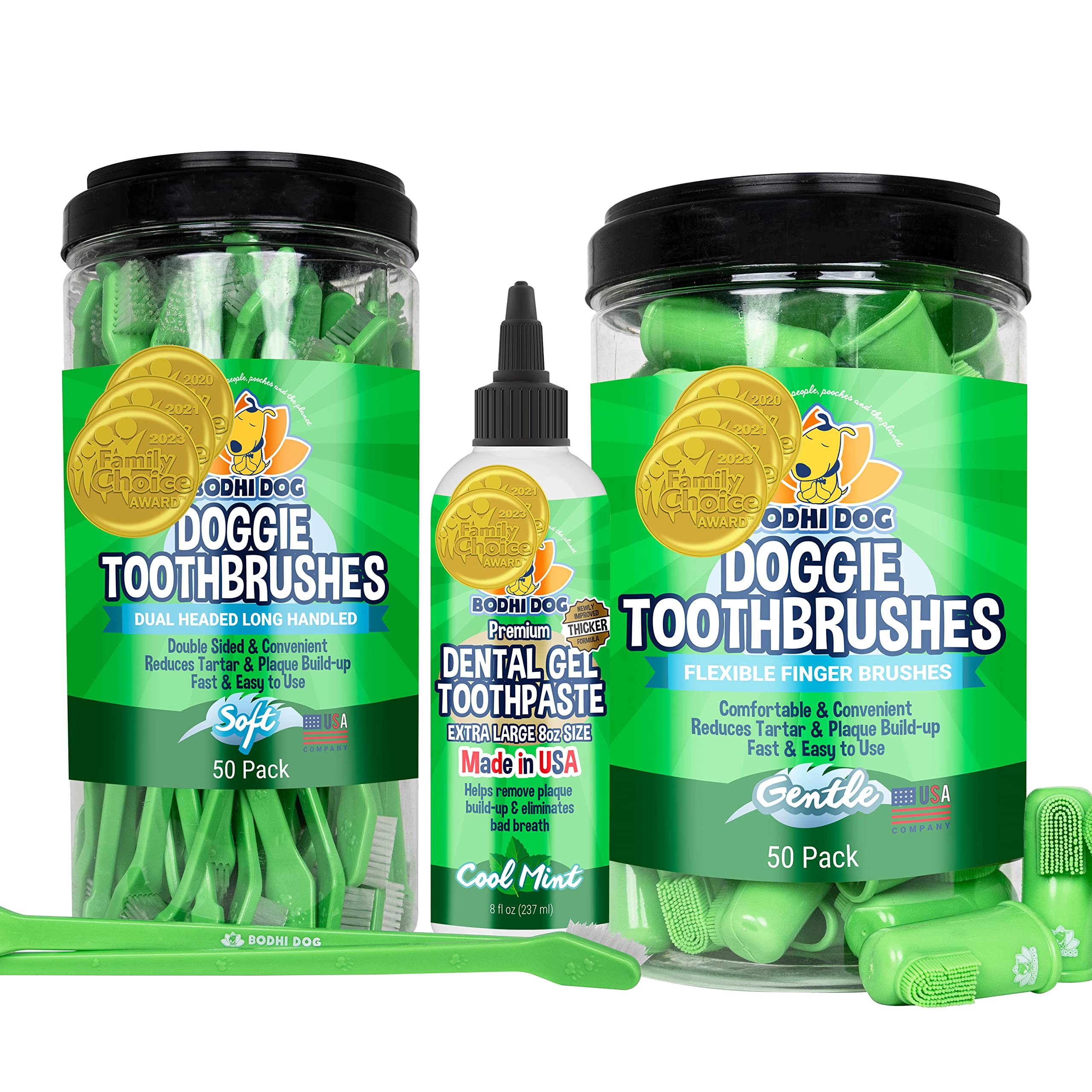 Bodhi Dog 50-Count Long Toothbrushes & 50-Count Finger Toothbrushes with Dental Gel Bundle - Complete Dog Dental Care Kit for Small & Large Breeds - Perfect for Home Use & Vet Visits