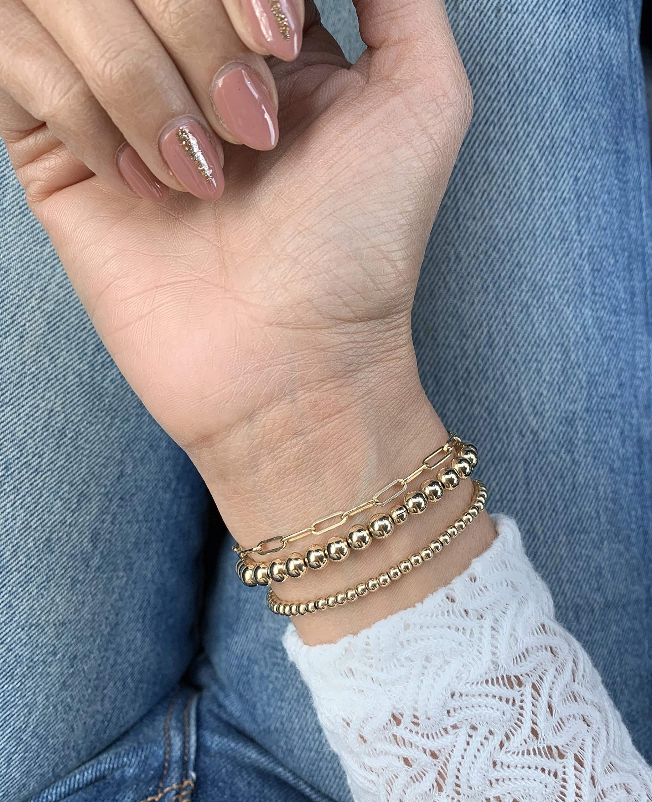 Stylish Beaded Stretch Bracelets for Women - Gold & Silver Small Ball Beads, Dainty Paperclip & Figaro Link Chain Bracelet Set (His & Her) - Perfect for Layering, Stacking, and Everyday Wear