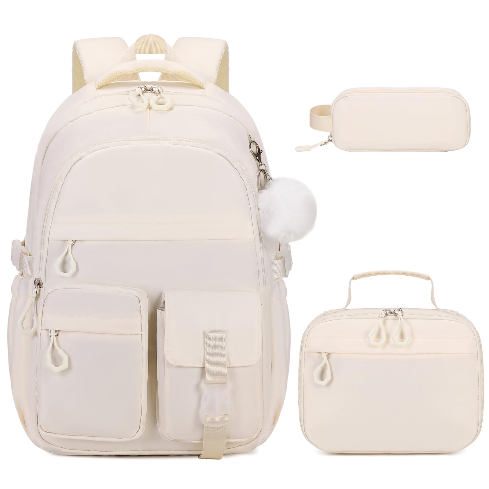 3PCS Girls Backpack Set for School - Cute Kids Backpack with Lunch Bag & Pencil Case, Durable Bookbag for Elementary Middle High College Students (White) - Perfect for School, Travel, and Daily Use