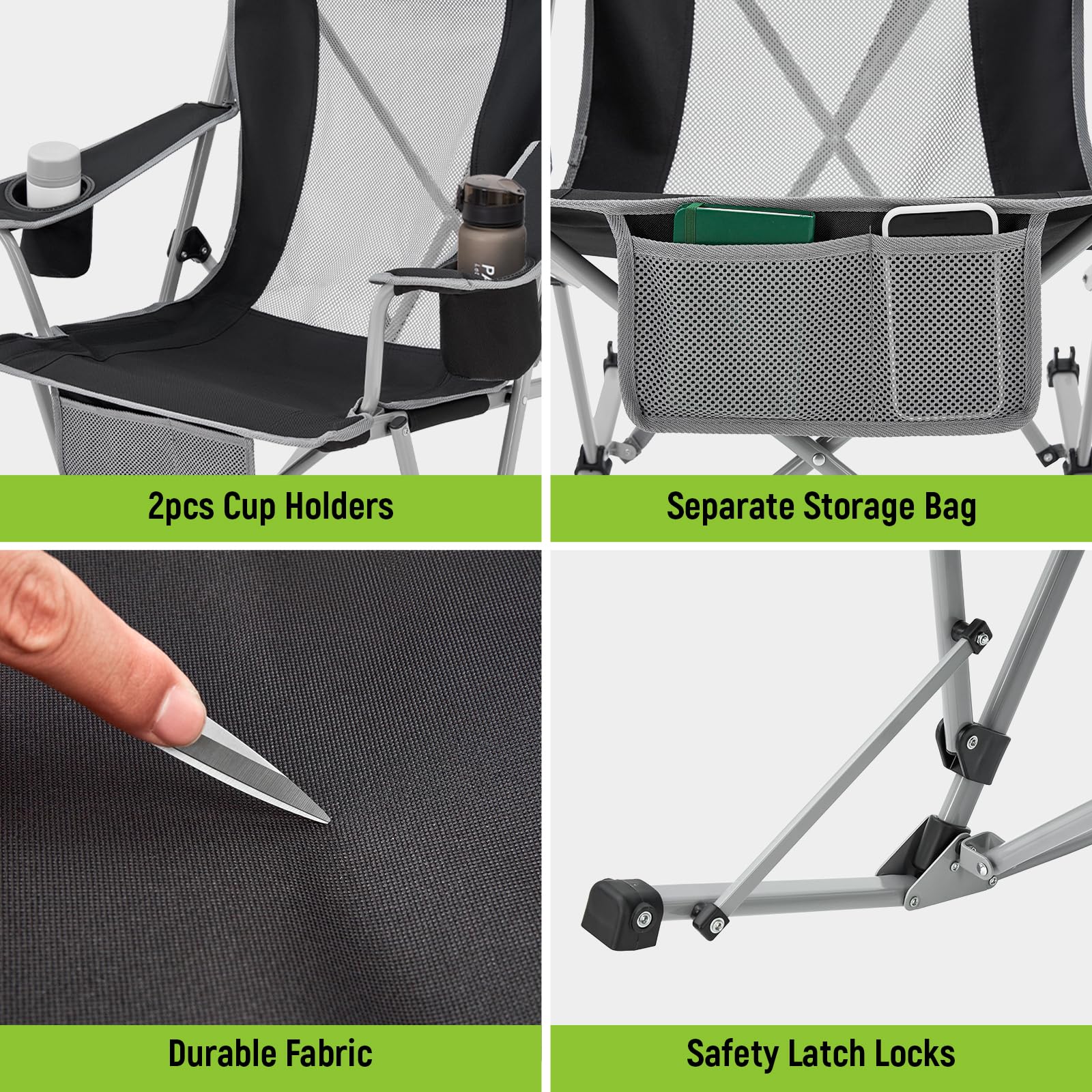 Portable Folding Rocking Camping Chair for Adults - Lightweight Outdoor Rocker Chair with Side Pocket for Picnic, Backyard, Patio, Lawn & Garden - Perfect for Camping Trips, Beach Outings and Outdoor Concerts