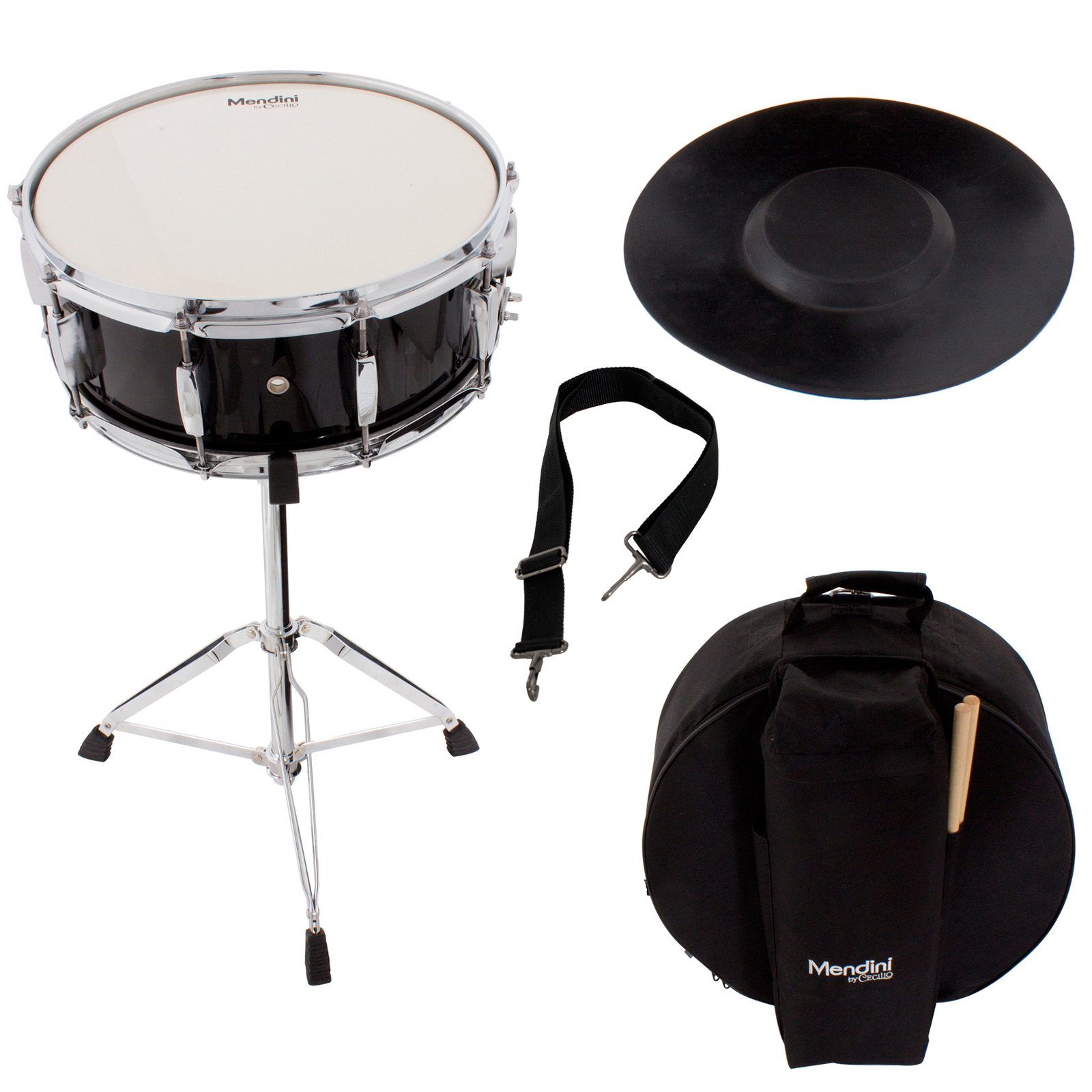 Mendini 14 x 5.5 Inch Black Snare Drum Set with Gig Bag, Drumsticks, Stand & Practice Pad - Perfect for Marching Band, School Students & Beginner Drum Practice - Ideal for Performances, Rehearsals & Home Practice